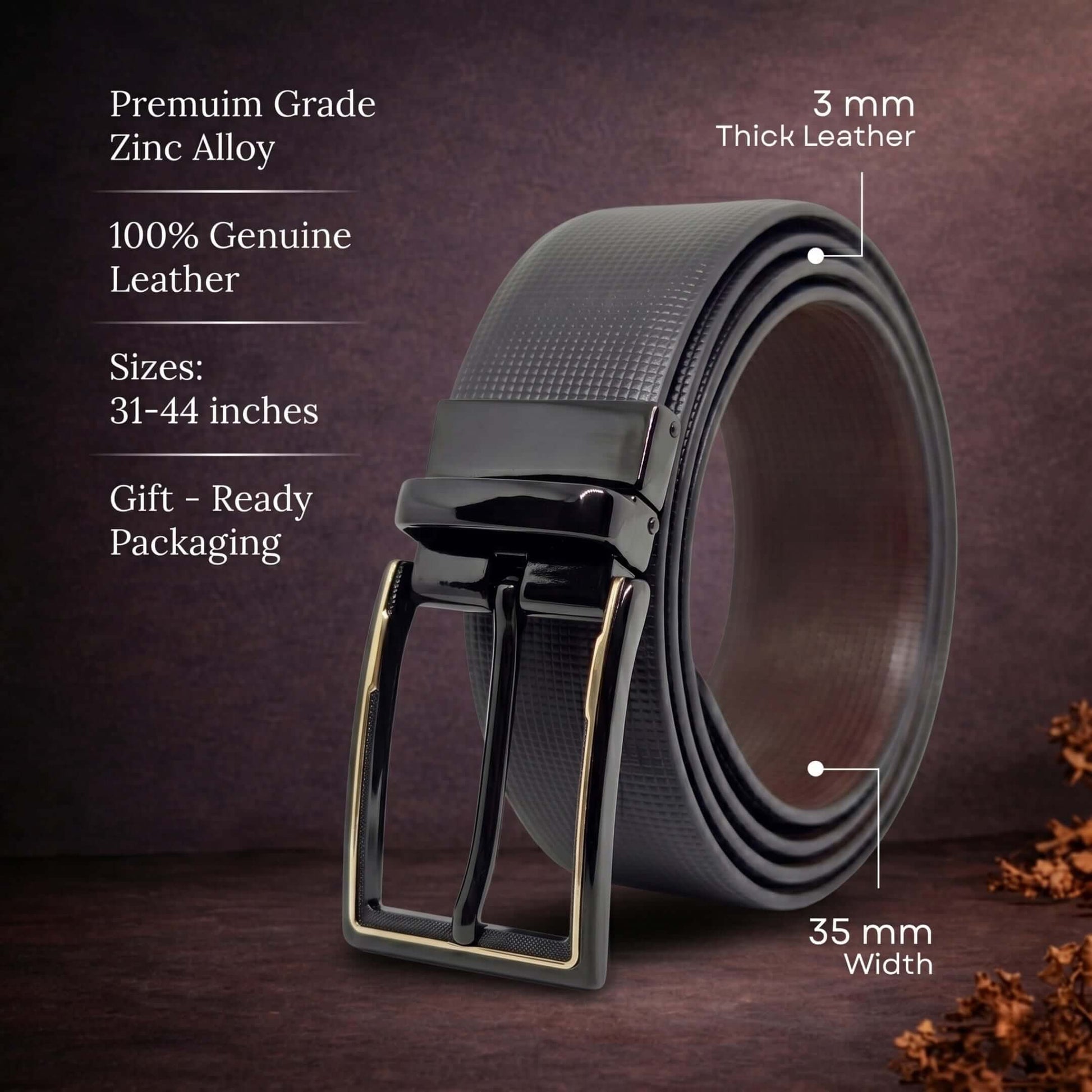 Mens 100% Genuine Leather Belt - NEXVIOR Grid-Emboss, CYRON Gold-Edge Gunmetal Pin Buckle (Black & Brown Reversible) — Leather Belts for Men | THE MEN THING
