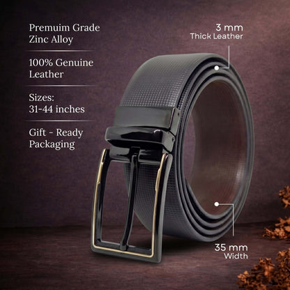 Mens 100% Genuine Leather Belt - NEXVIOR Grid-Emboss, CYRON Gold-Edge Gunmetal Pin Buckle (Black & Brown Reversible) — Leather Belts for Men | THE MEN THING