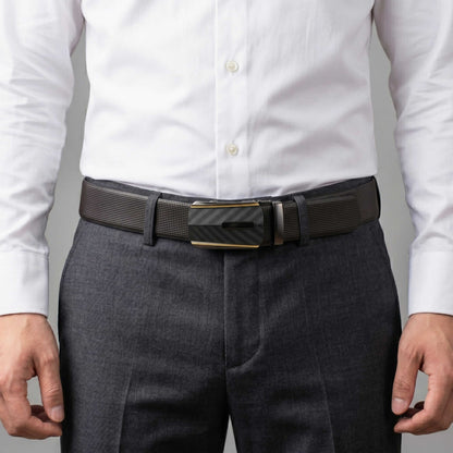 Mens 100% Genuine Leather Belt - NEXVIOR Grid-Emboss, REGALIX Textured Auto-Lock Buckle (Black & Brown Reversible) — Leather Belts for Men | THE MEN THING