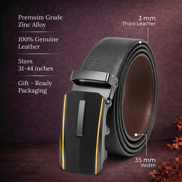 Mens 100% Genuine Leather Belt - NEXVIOR Grid-Emboss, REGALIX Textured Auto-Lock Buckle (Black & Brown Reversible)