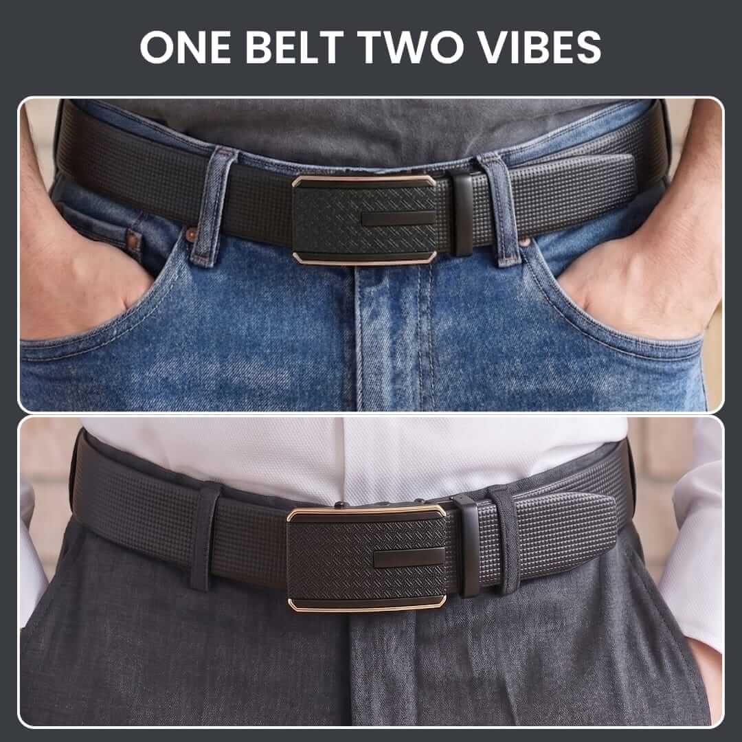 Mens 100% Genuine Leather Belt - NEXVIOR Grid-Emboss, KRYPT Basket-Weave Auto-Lock Buckle (Black & Brown Reversible) — Leather Belts for Men | THE MEN THING