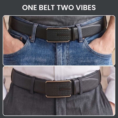 Mens 100% Genuine Leather Belt - NEXVIOR Grid-Emboss, KRYPT Basket-Weave Auto-Lock Buckle (Black & Brown Reversible) — Leather Belts for Men | THE MEN THING