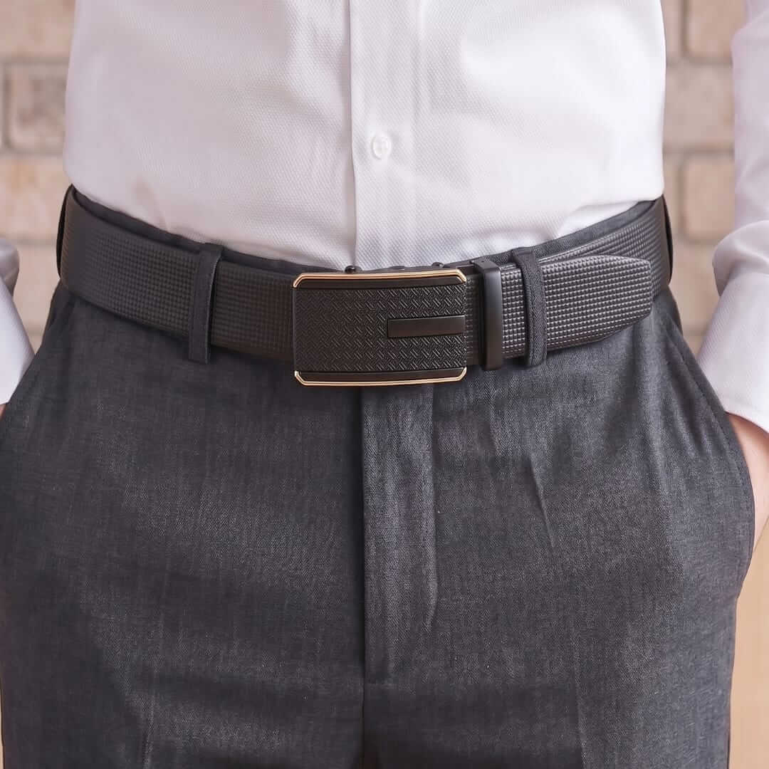 Mens 100% Genuine Leather Belt - NEXVIOR Grid-Emboss, KRYPT Basket-Weave Auto-Lock Buckle (Black & Brown Reversible) — Leather Belts for Men | THE MEN THING