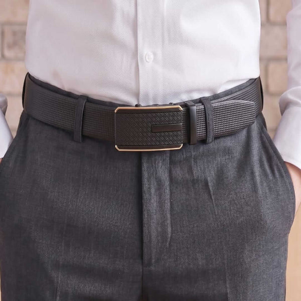 Mens 100% Genuine Leather Belt - NEXVIOR Grid-Emboss, KRYPT Basket-Weave Auto-Lock Buckle (Black & Brown Reversible)