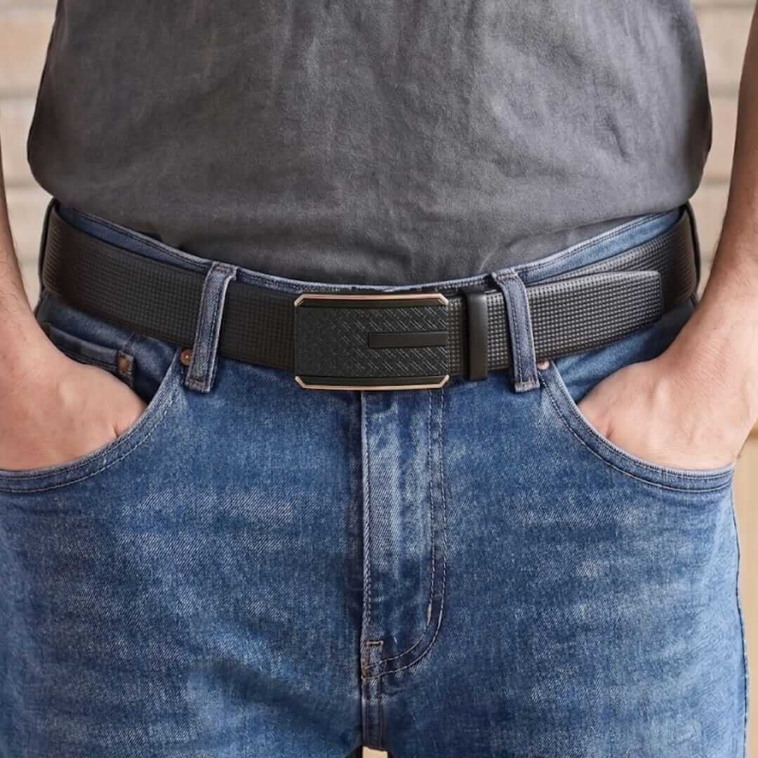 Mens 100% Genuine Leather Belt - NEXVIOR Grid-Emboss, KRYPT Basket-Weave Auto-Lock Buckle (Black & Brown Reversible) — Leather Belts for Men | THE MEN THING