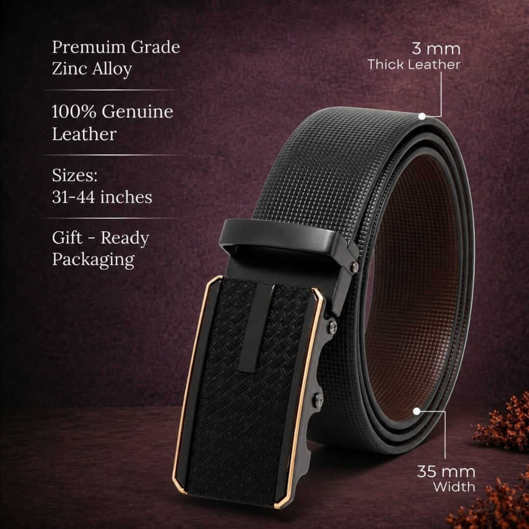 Mens 100% Genuine Leather Belt - NEXVIOR Grid-Emboss, KRYPT Basket-Weave Auto-Lock Buckle (Black & Brown Reversible) — Leather Belts for Men | THE MEN THING