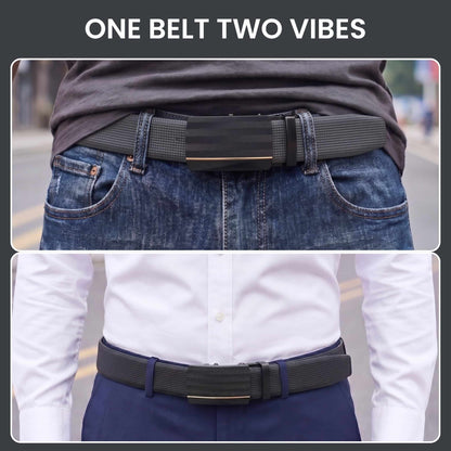 Mens 100% Genuine Leather Belt - NEXVIOR Grid-Emboss, RATCHON Pinstripe Auto-Lock Buckle (Black & Brown Reversible) — Leather Belts for Men | THE MEN THING