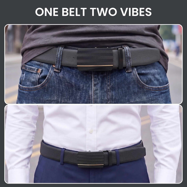Mens 100% Genuine Leather Belt - NEXVIOR Grid-Emboss, RATCHON Pinstripe Auto-Lock Buckle (Black & Brown Reversible)