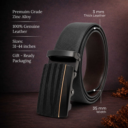 Mens 100% Genuine Leather Belt - NEXVIOR Grid-Emboss, RATCHON Pinstripe Auto-Lock Buckle (Black & Brown Reversible) — Leather Belts for Men | THE MEN THING