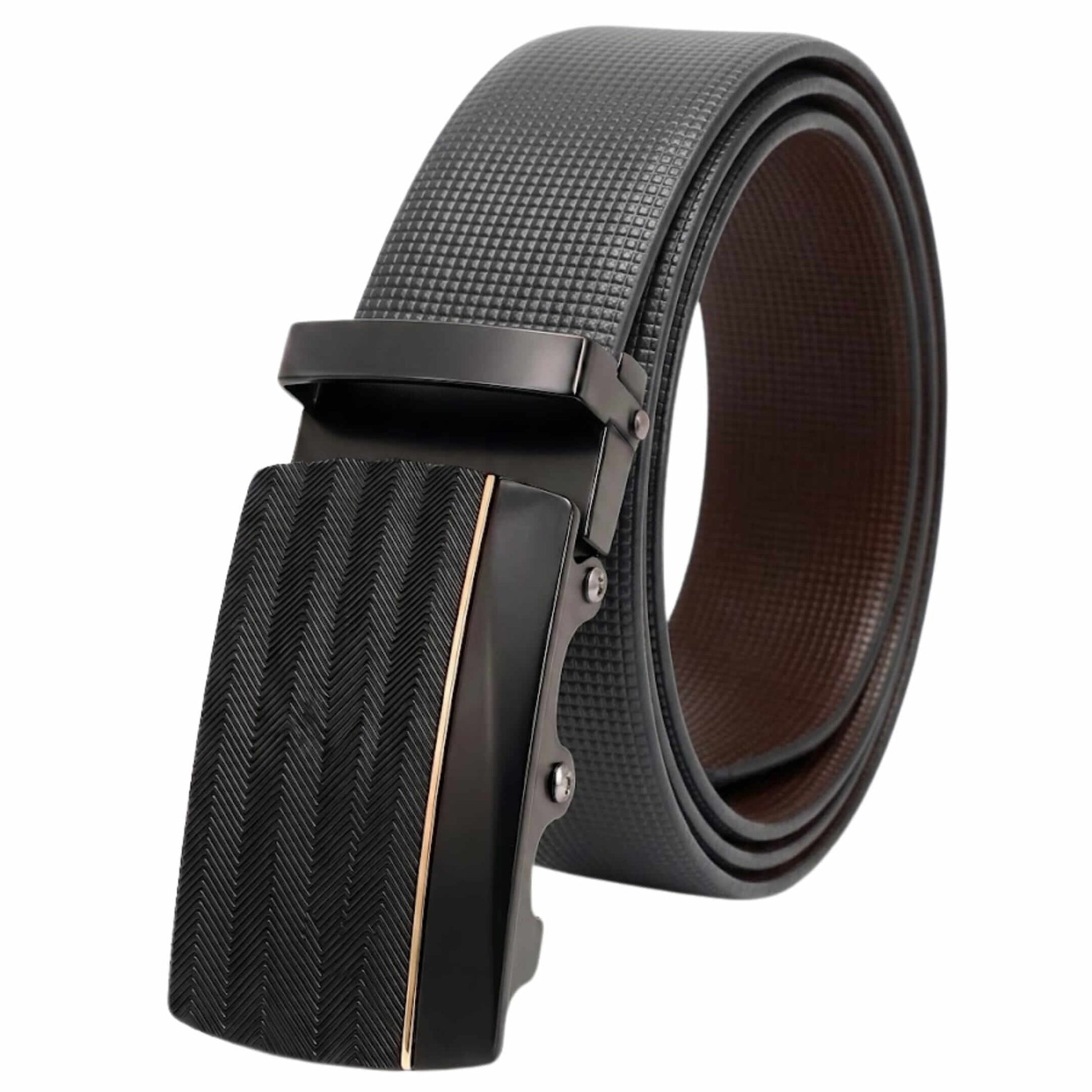 Mens 100% Genuine Leather Belt - NEXVIOR Grid-Emboss, RATCHON Pinstripe Auto-Lock Buckle (Black & Brown Reversible) — Leather Belts for Men | THE MEN THING