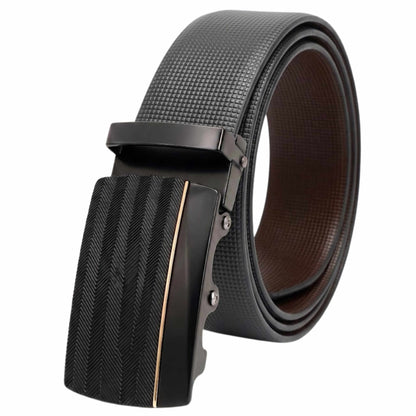 Mens 100% Genuine Leather Belt - NEXVIOR Grid-Emboss, RATCHON Pinstripe Auto-Lock Buckle (Black & Brown Reversible) — Leather Belts for Men | THE MEN THING