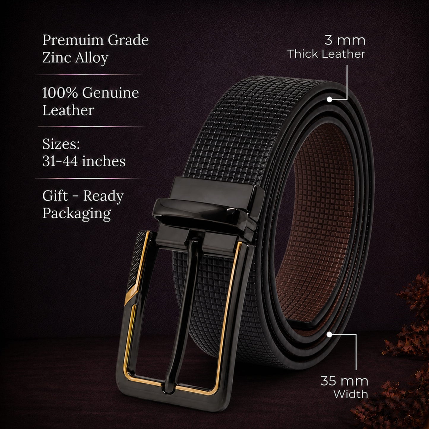 THE MEN THING Leather Belts Mens Genuine Leather Belt | 2 in 1 Reversible (Black & Brown) (1 Pc.) - NEXVIOR -BRAVIX