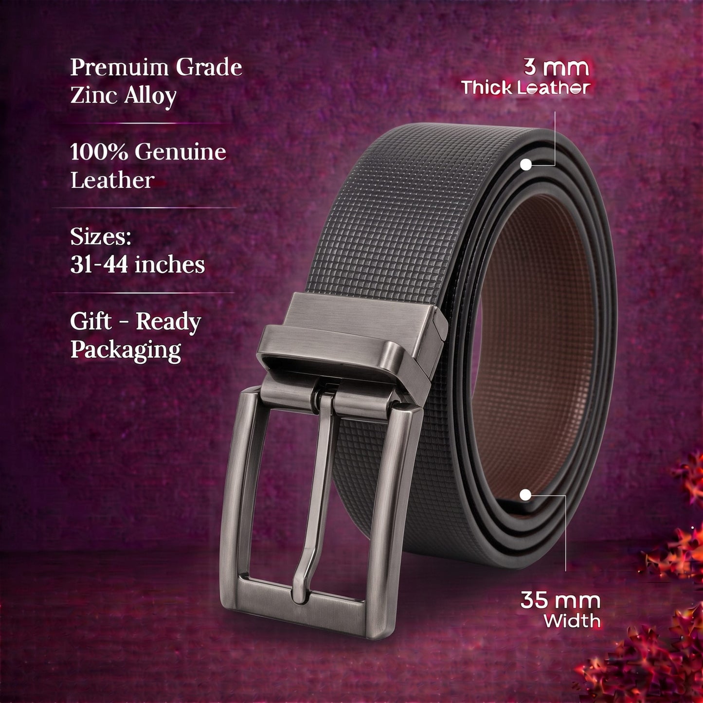 THE MEN THING Leather Belts Mens Genuine Leather Belt | 2 in 1 Reversible (Black & Brown) (1 Pc.) - NEXVIOR -PIVOT