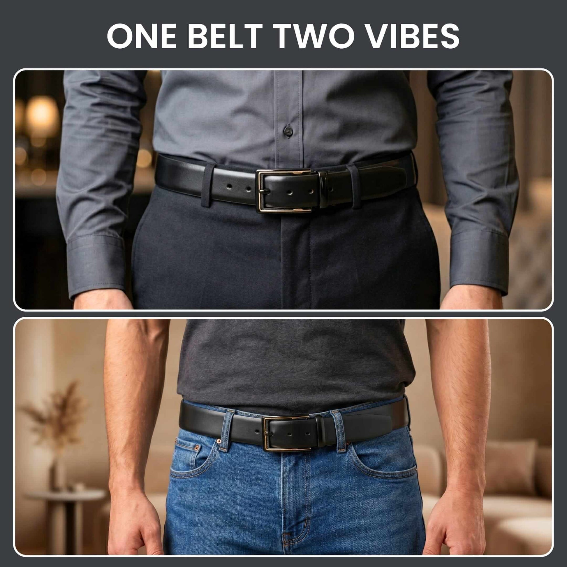 Mens 100% Genuine Leather Belt - VELARO Smooth Matte, CYRON Gold-Edge Gunmetal Pin Buckle (Black & Brown Reversible) — Leather Belts for Men | THE MEN THING