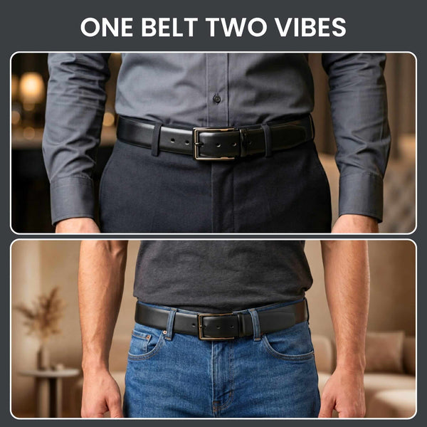 Mens 100% Genuine Leather Belt - VELARO Smooth Matte, CYRON Gold-Edge Gunmetal Pin Buckle (Black & Brown Reversible)