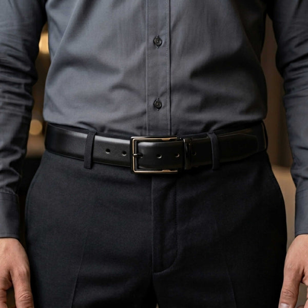 Mens 100% Genuine Leather Belt - VELARO Smooth Matte, CYRON Gold-Edge Gunmetal Pin Buckle (Black & Brown Reversible)