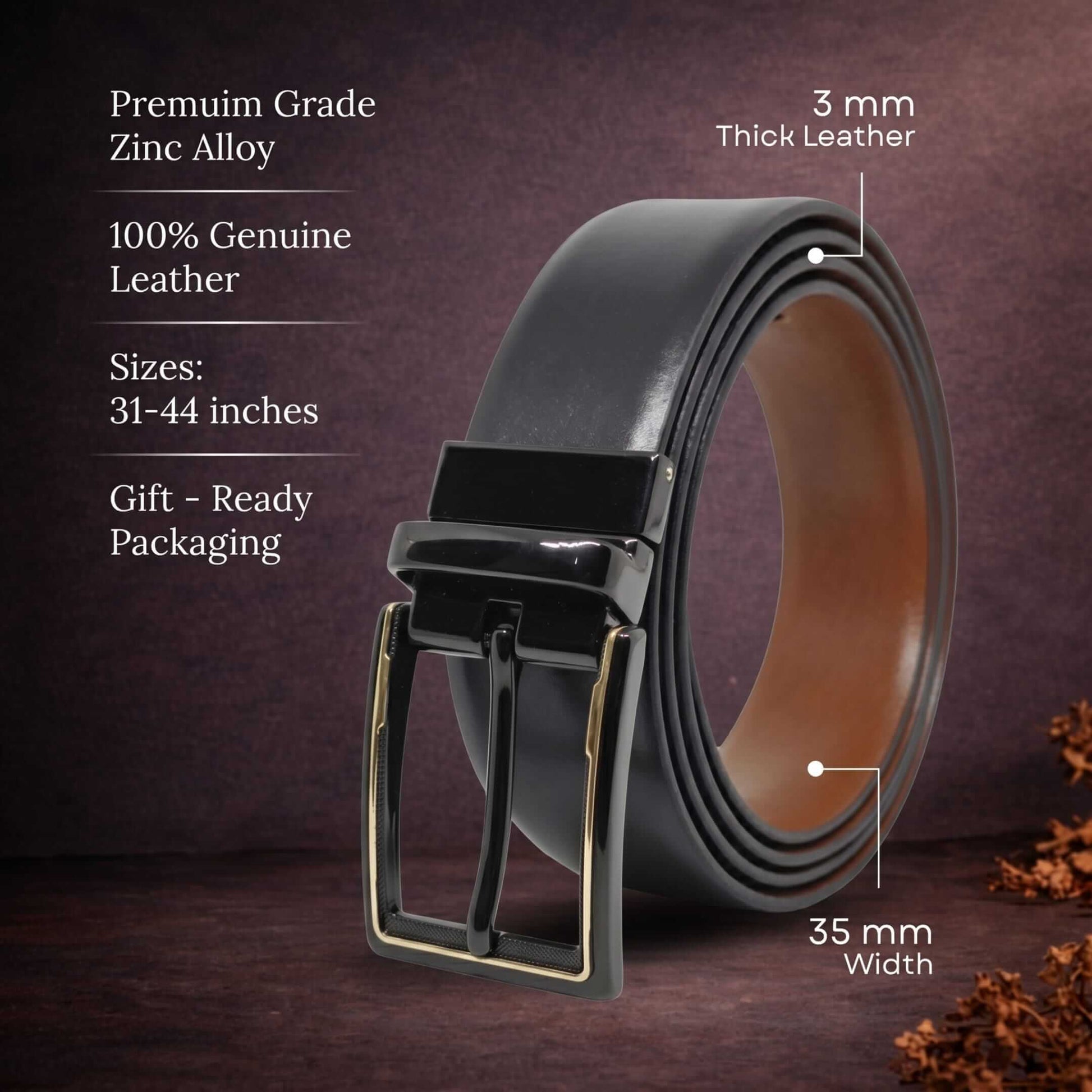 Mens 100% Genuine Leather Belt - VELARO Smooth Matte, CYRON Gold-Edge Gunmetal Pin Buckle (Black & Brown Reversible) — Leather Belts for Men | THE MEN THING