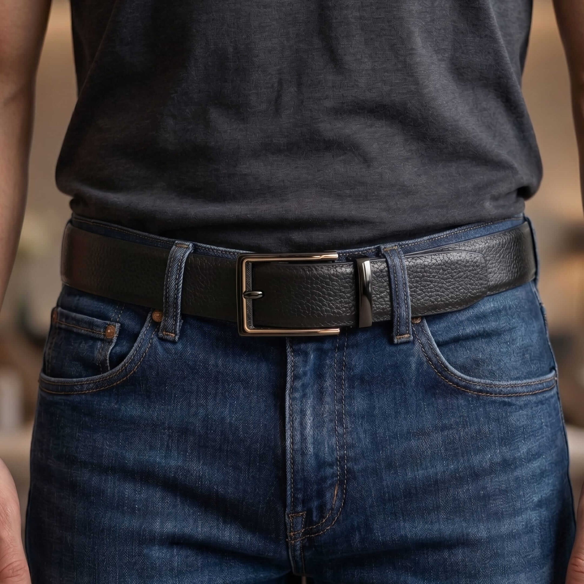 Mens 100% Genuine Leather Belt - LUXORIC Pebble-Grain, CYRON Gold-Edge Gunmetal Pin Buckle (Black & Brown Reversible) — Leather Belts for Men | THE MEN THING
