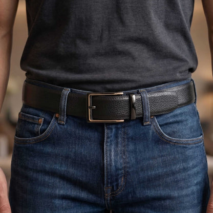 Mens 100% Genuine Leather Belt - LUXORIC Pebble-Grain, CYRON Gold-Edge Gunmetal Pin Buckle (Black & Brown Reversible) — Leather Belts for Men | THE MEN THING