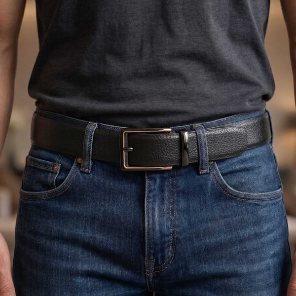 Mens 100% Genuine Leather Belt - LUXORIC Pebble-Grain, CYRON Gold-Edge Gunmetal Pin Buckle (Black & Brown Reversible)