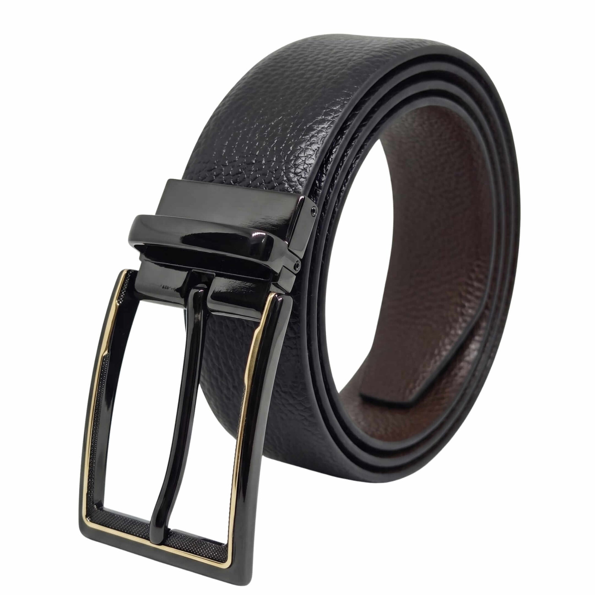 Mens 100% Genuine Leather Belt - LUXORIC Pebble-Grain, CYRON Gold-Edge Gunmetal Pin Buckle (Black & Brown Reversible) — Leather Belts for Men | THE MEN THING
