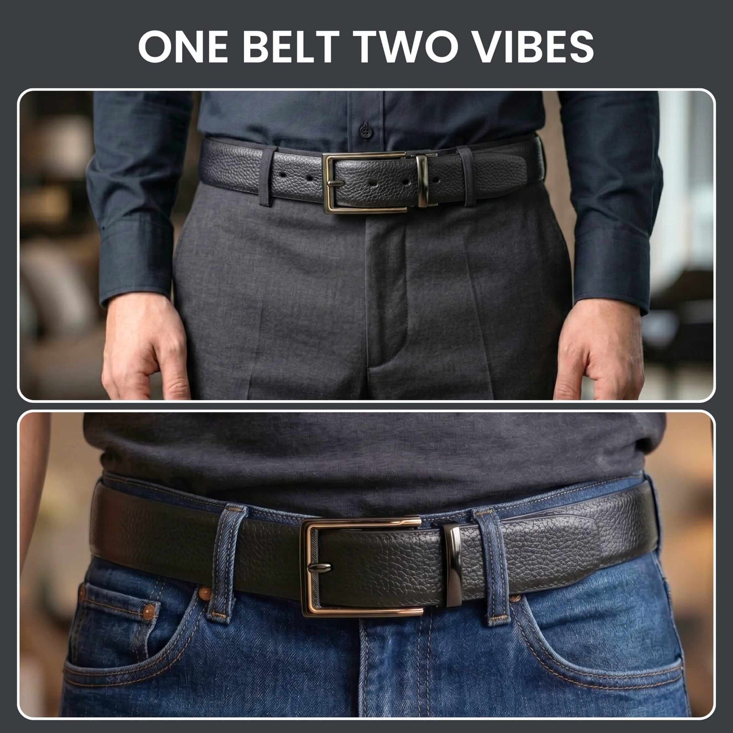 Mens 100% Genuine Leather Belt - LUXORIC Pebble-Grain, CYRON Gold-Edge Gunmetal Pin Buckle (Black & Brown Reversible) — Leather Belts for Men | THE MEN THING