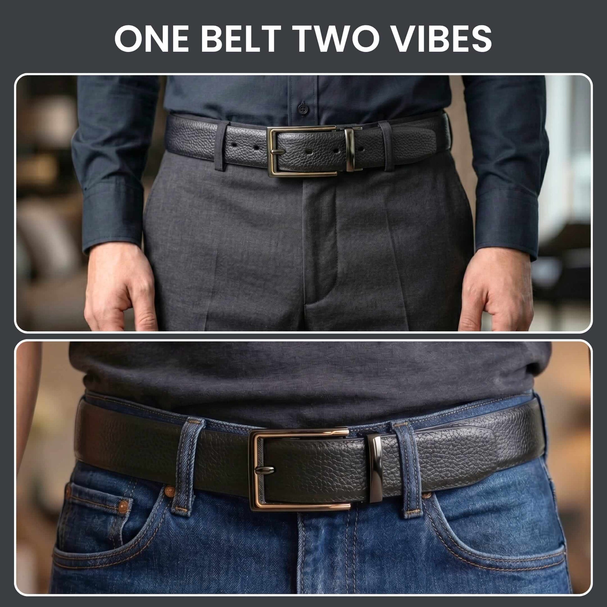 Mens 100% Genuine Leather Belt - LUXORIC Pebble-Grain, CYRON Gold-Edge Gunmetal Pin Buckle (Black & Brown Reversible) — Leather Belts for Men | THE MEN THING