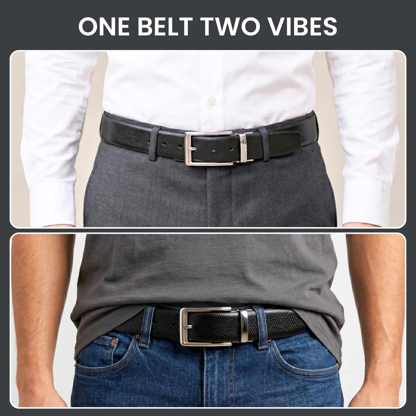 Mens 100% Genuine Leather Belt - REXVA Saffiano Texture, AXIOM Polished Pin Buckle (Black & Brown Reversible) — Leather Belts for Men | THE MEN THING