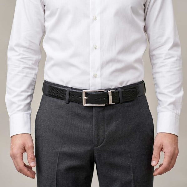 Mens 100% Genuine Leather Belt - REXVA Saffiano Texture, AXIOM Polished Pin Buckle (Black & Brown Reversible)