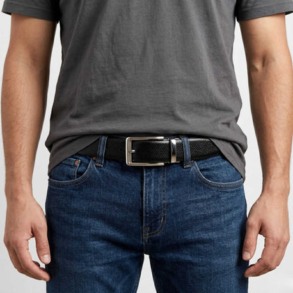 Mens 100% Genuine Leather Belt - REXVA Saffiano Texture, AXIOM Polished Pin Buckle (Black & Brown Reversible) — Leather Belts for Men | THE MEN THING