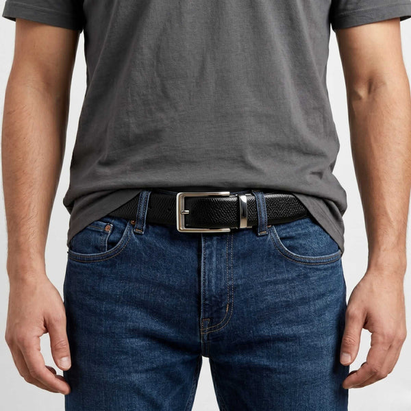 Mens 100% Genuine Leather Belt - REXVA Saffiano Texture, AXIOM Polished Pin Buckle (Black & Brown Reversible)