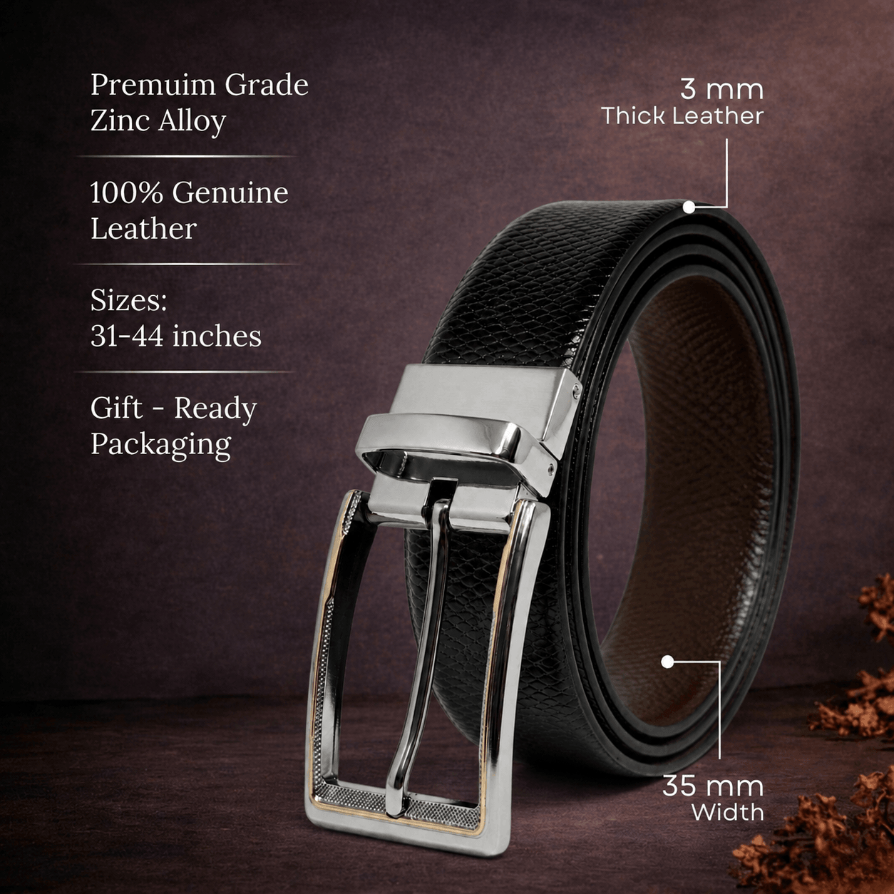 Mens 100% Genuine Leather Belt - REXVA Saffiano Texture, AXIOM Polished Pin Buckle (Black & Brown Reversible) — Leather Belts for Men | THE MEN THING
