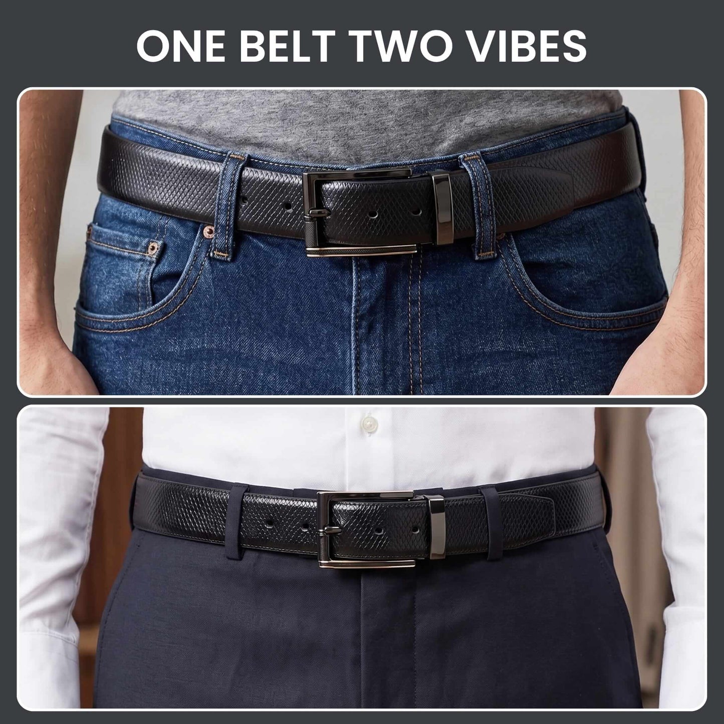 Mens 100% Genuine Leather Belt - REXVA Saffiano Texture, TORIX Brushed Bronze Pin Buckle (Black & Brown Reversible) — Leather Belts for Men | THE MEN THING