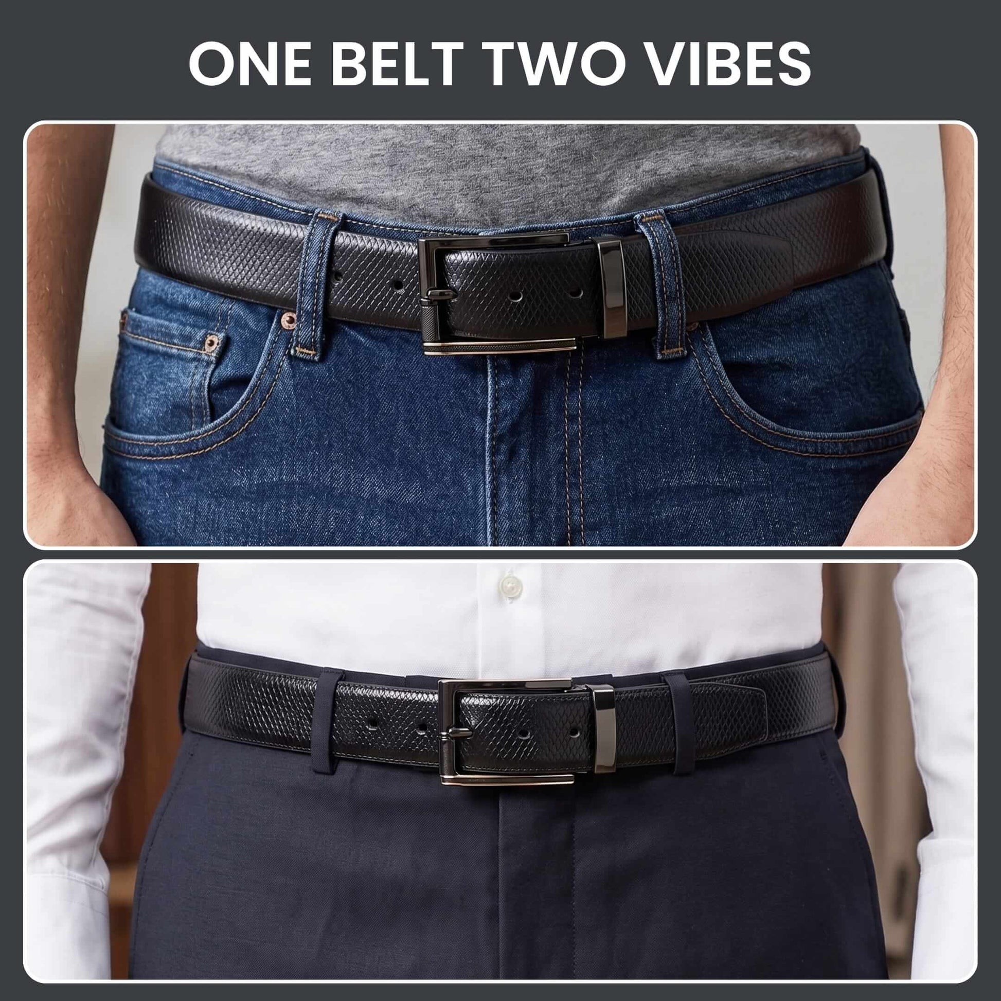 Mens 100% Genuine Leather Belt - REXVA Saffiano Texture, TORIX Brushed Bronze Pin Buckle (Black & Brown Reversible) — Leather Belts for Men | THE MEN THING