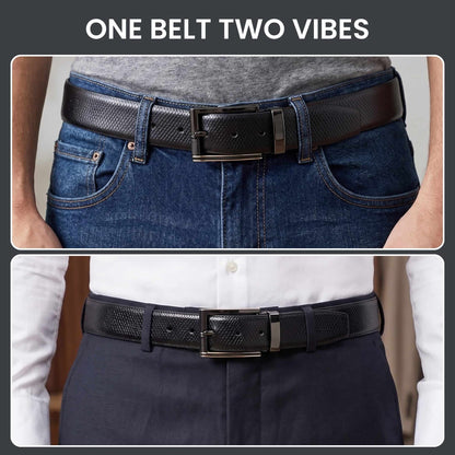 Mens 100% Genuine Leather Belt - REXVA Saffiano Texture, TORIX Brushed Bronze Pin Buckle (Black & Brown Reversible) — Leather Belts for Men | THE MEN THING