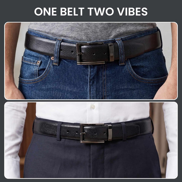 Mens 100% Genuine Leather Belt - REXVA Saffiano Texture, TORIX Brushed Bronze Pin Buckle (Black & Brown Reversible)