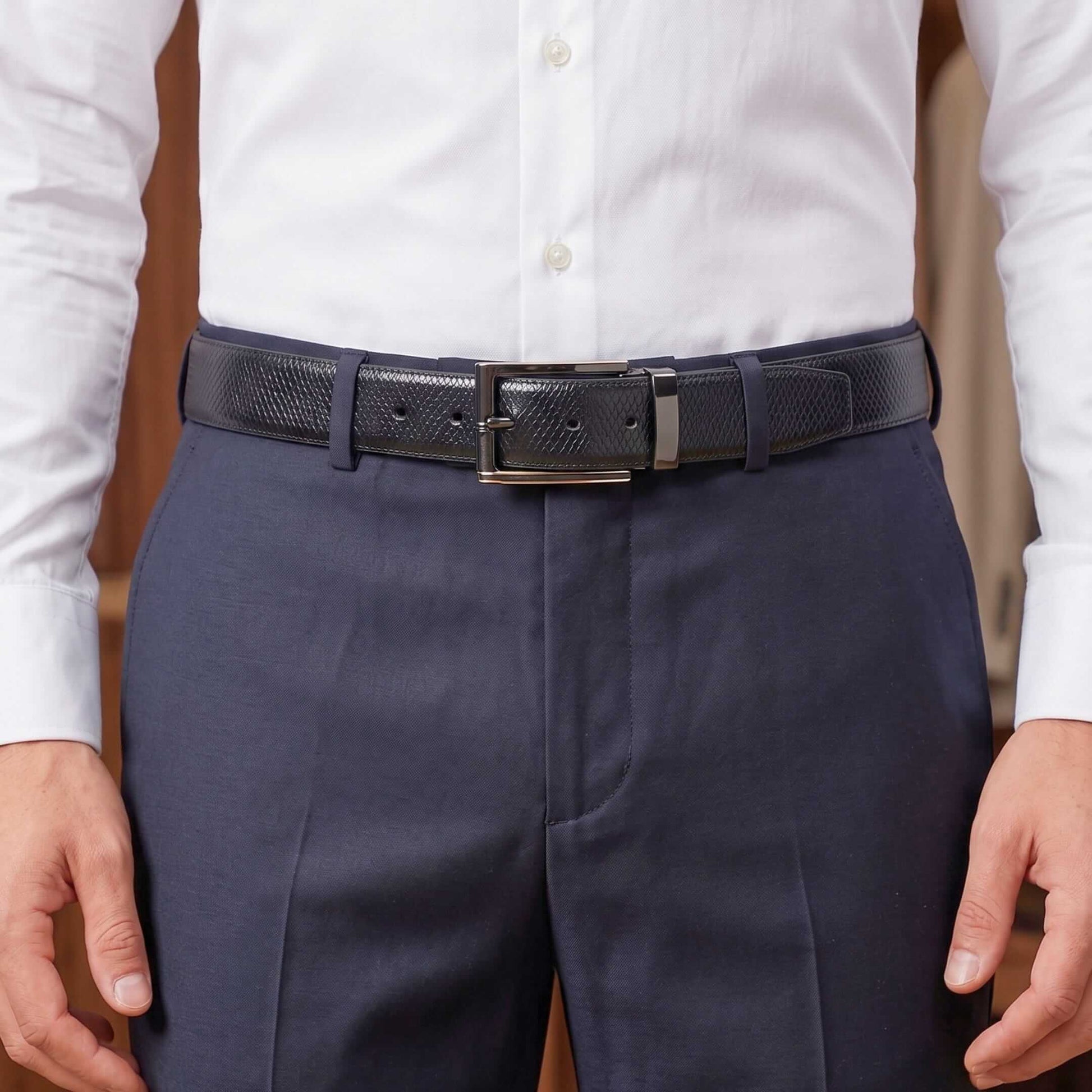 Mens 100% Genuine Leather Belt - REXVA Saffiano Texture, TORIX Brushed Bronze Pin Buckle (Black & Brown Reversible) — Leather Belts for Men | THE MEN THING