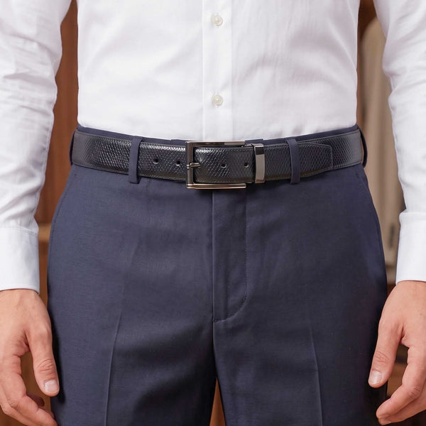 Mens 100% Genuine Leather Belt - REXVA Saffiano Texture, TORIX Brushed Bronze Pin Buckle (Black & Brown Reversible)