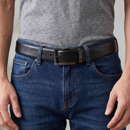 Mens 100% Genuine Leather Belt - REXVA Saffiano Texture, TORIX Brushed Bronze Pin Buckle (Black & Brown Reversible) — Leather Belts for Men | THE MEN THING