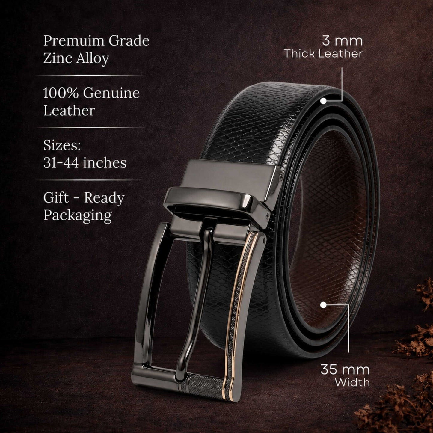 Mens 100% Genuine Leather Belt - REXVA Saffiano Texture, TORIX Brushed Bronze Pin Buckle (Black & Brown Reversible) — Leather Belts for Men | THE MEN THING