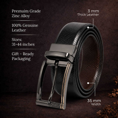Mens 100% Genuine Leather Belt - REXVA Saffiano Texture, TORIX Brushed Bronze Pin Buckle (Black & Brown Reversible) — Leather Belts for Men | THE MEN THING