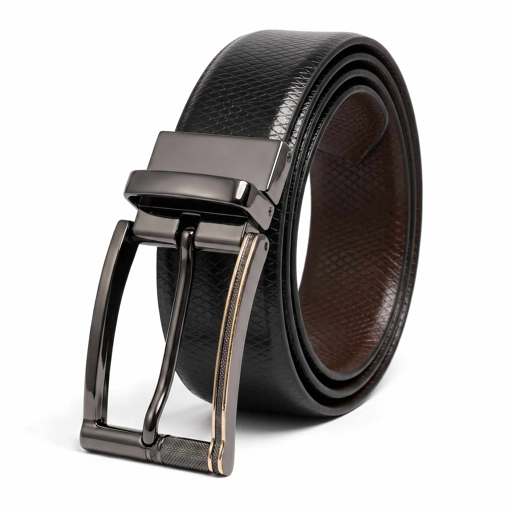 Mens 100% Genuine Leather Belt - REXVA Saffiano Texture, TORIX Brushed Bronze Pin Buckle (Black & Brown Reversible) — Leather Belts for Men | THE MEN THING