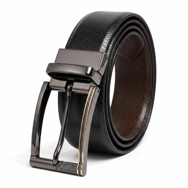 Mens 100% Genuine Leather Belt - REXVA Saffiano Texture, TORIX Brushed Bronze Pin Buckle (Black & Brown Reversible)