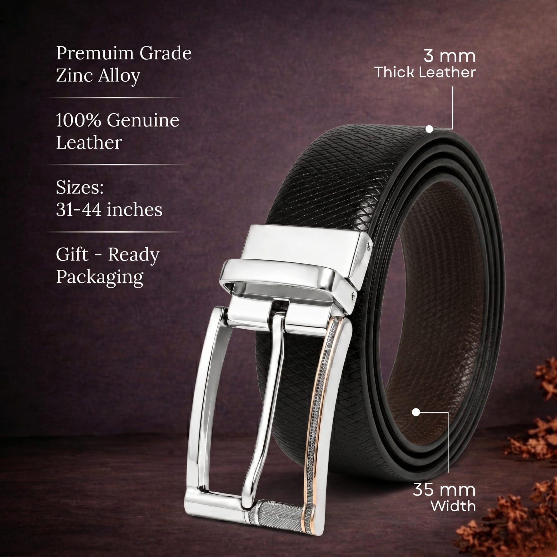 THE MEN THING Leather Belts Mens Genuine Leather Belt | 2 in 1 Reversible (Black & Brown) (1 Pc.) - REXVA