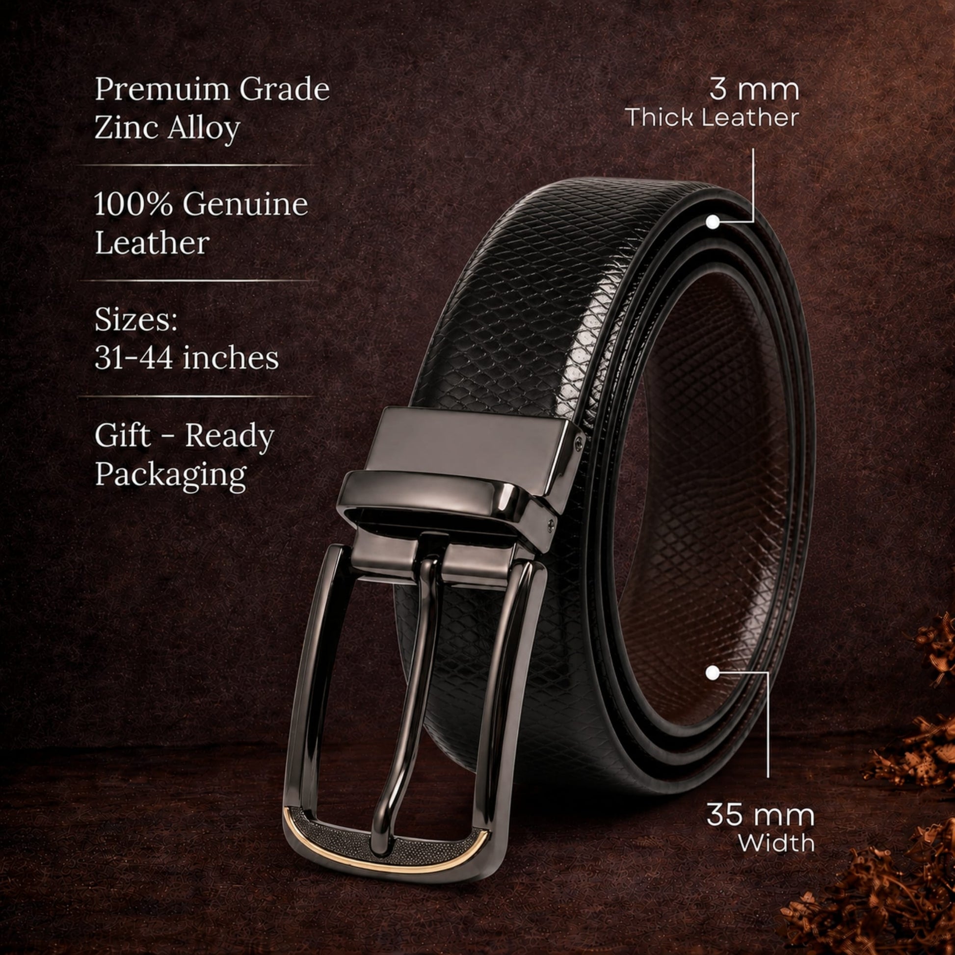 THE MEN THING Leather Belts Mens Genuine Leather Belt | 2 in 1 Reversible (Black & Brown) (1 Pc.) - REXVA