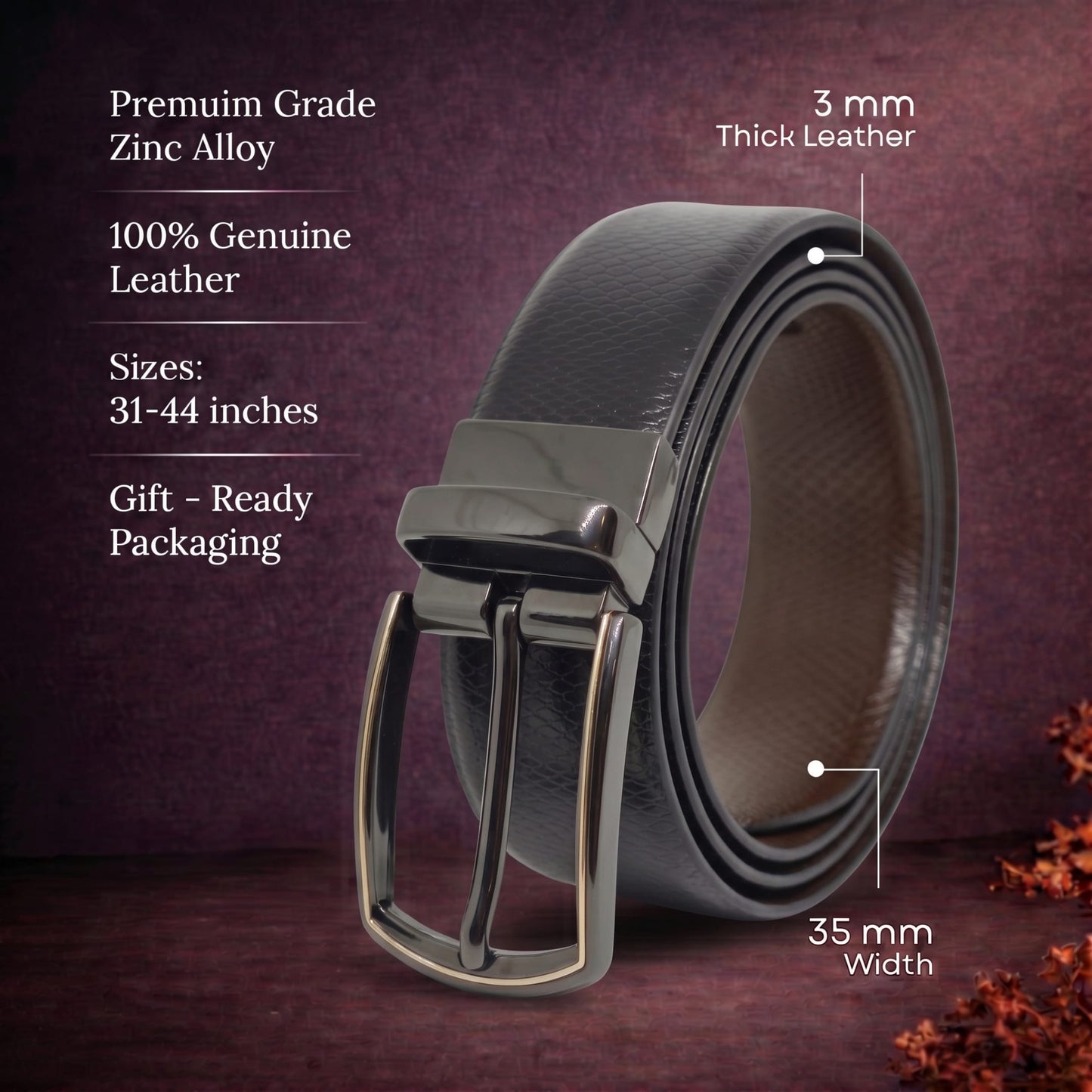 THE MEN THING Leather Belts Mens Genuine Leather Belt | 2 in 1 Reversible (Black & Brown) (1 Pc.) - REXVA