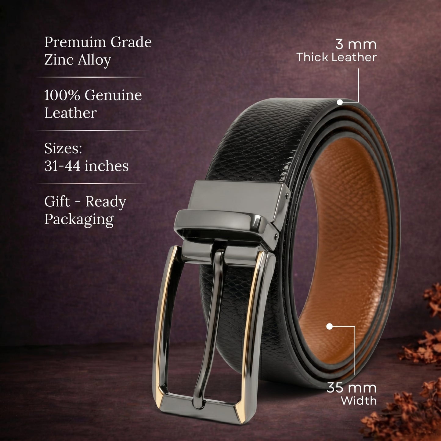THE MEN THING Leather Belts Mens Genuine Leather Belt | 2 in 1 Reversible (Black & Brown) (1 Pc.) - REXVA