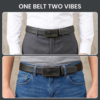 Mens 100% Genuine Leather Belt - REXVA Saffiano Texture, SNAPTOR Gold-Bar Auto-Lock Buckle (Black & Brown Reversible) — Leather Belts for Men | THE MEN THING