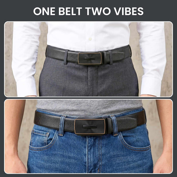 Mens 100% Genuine Leather Belt - REXVA Saffiano Texture, SNAPTOR Gold-Bar Auto-Lock Buckle (Black & Brown Reversible)