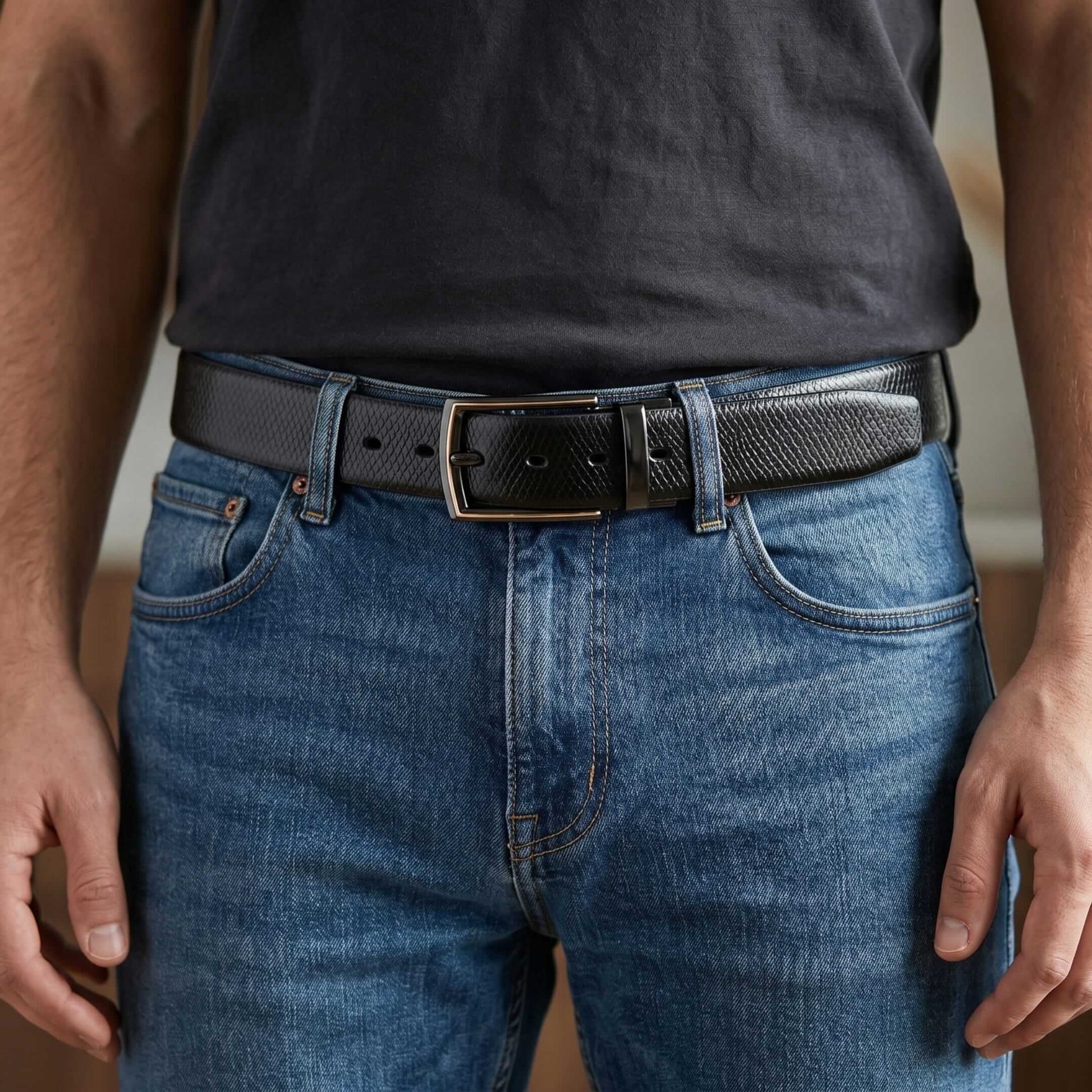 Mens 100% Genuine Leather Belt - REXVA Saffiano Texture, LATCHIX Slim Gunmetal Pin Buckle (Black & Brown Reversible) — Leather Belts for Men | THE MEN THING